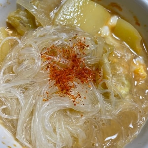 リメイク♪チンゲン菜とお豆腐のピリ辛春雨スープ